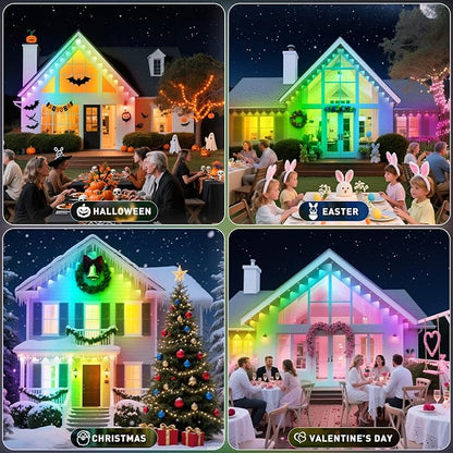 200FT Permanent Outdoor Lights,for House Roof, Christmas, Holiday, Party, Daily Lighting, IP67 Waterproof,RGB Eaves Lights with Multi Scene Modes for Halloween