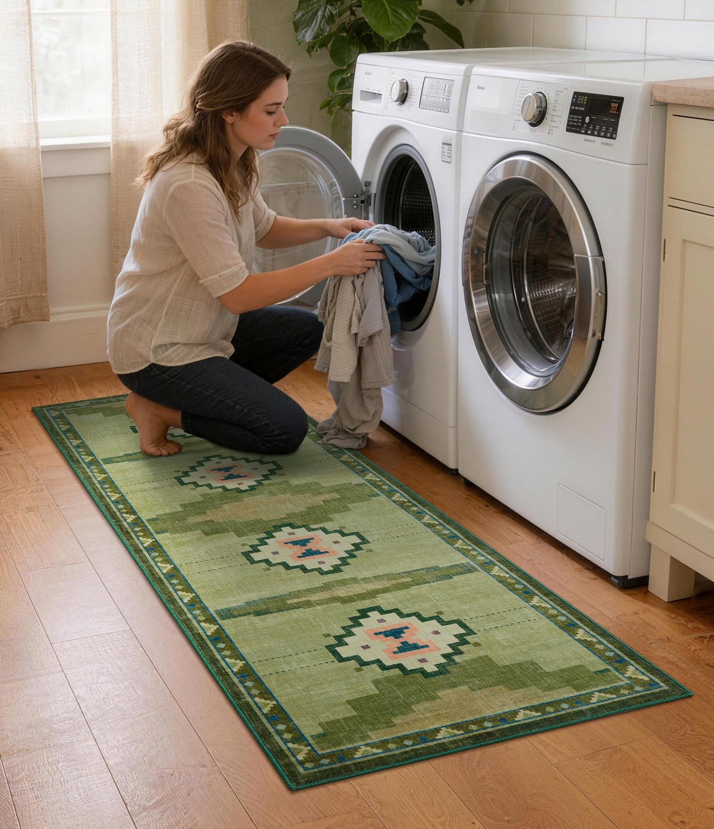 Green Hallway Runner Rug 2x6 Non-Slip, Washable Mid Century Modern Entryway Rug, Low Pile Runner Rug for Kitchen, Bedroom, Laundry Room