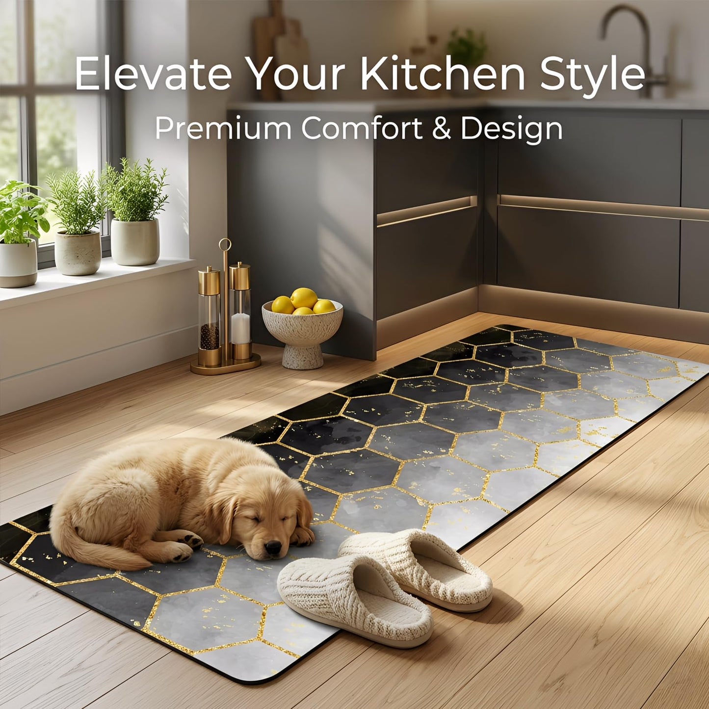 3-Piece Kitchen Rugs and Mats Set, Cushioned No-Slip Resistant Kitchen Mats for Floor, Luxury Gold Hexagon Geometric Comfort Floor Mats, Black Washable Runner Rug for Kitchen Sink, Laundry, Office