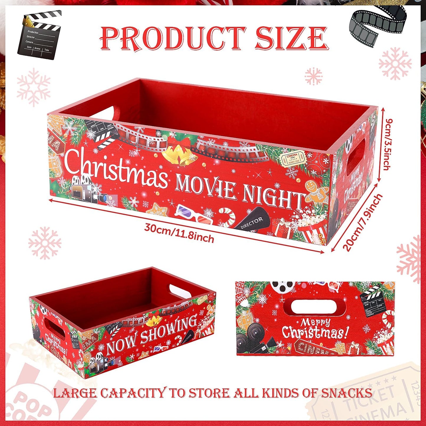 Christmas Movie Night Snack Tray Wooden Movie Snack Tray Movie Night Party Supplies for Countertop Storage Trays Popcorn Nacho Theater Snack for Christmas Home Kitchen Chips Candy Food Supplies