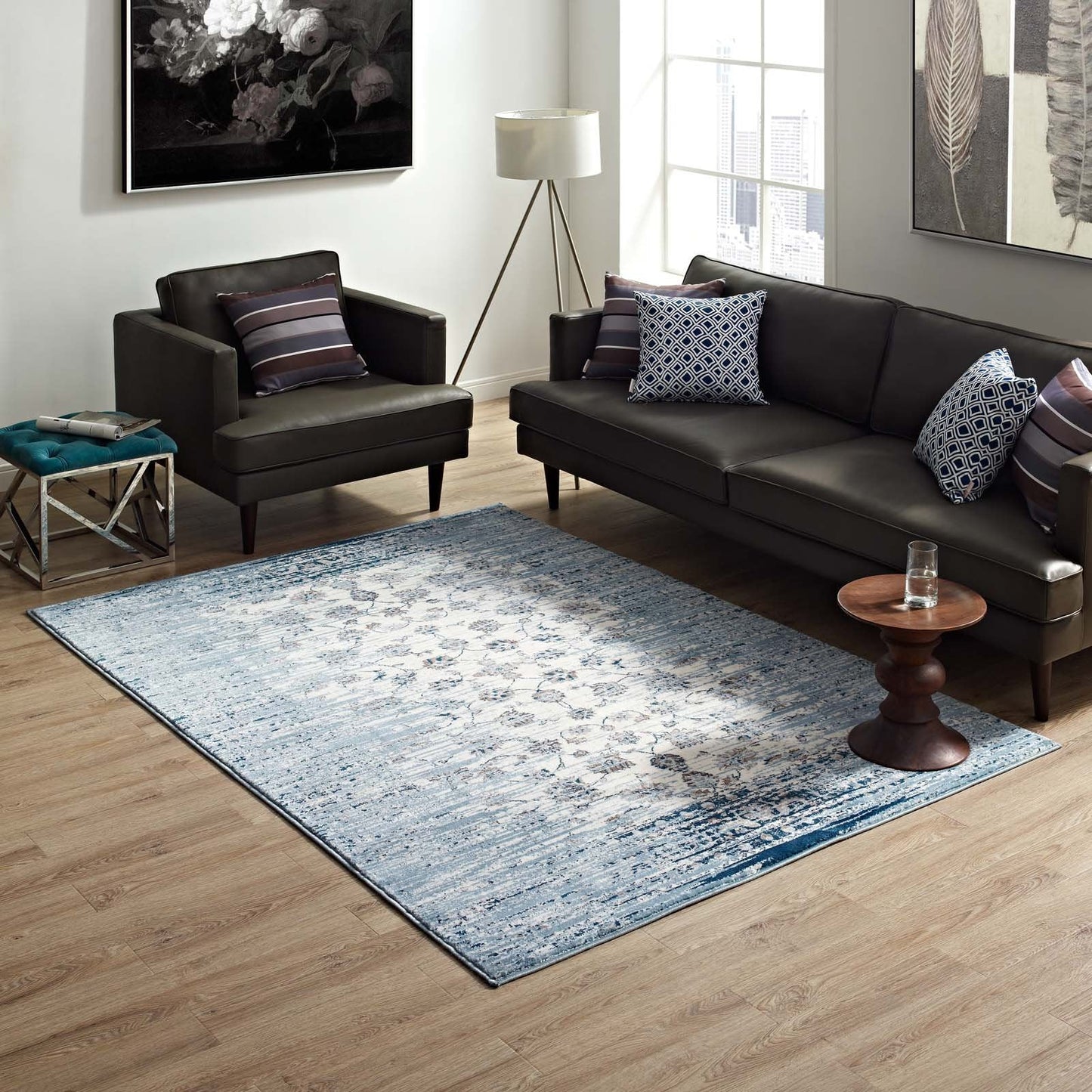 Modway Chiara Distressed Floral Lattice Contemporary 8x10 Area Rug in Moroccan Blue and Ivory