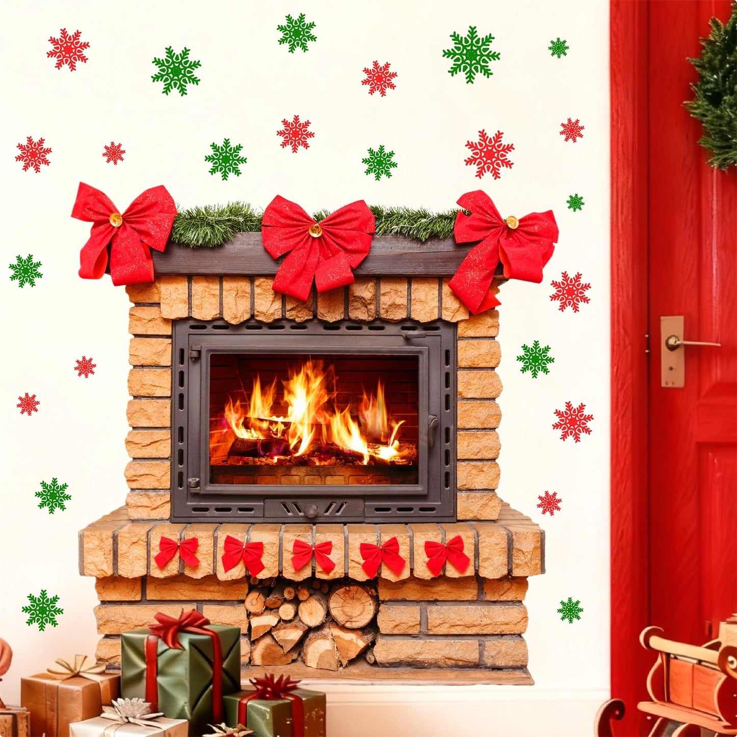 Large Christmas Wall Stickers Christmas Wall Decoration Vinyl Decals Realistic Bow Fireplace Decal for Walls Peel and Stick Indoor Snowflakes Xmas Art Murals for Living Room Holiday Party Supplies