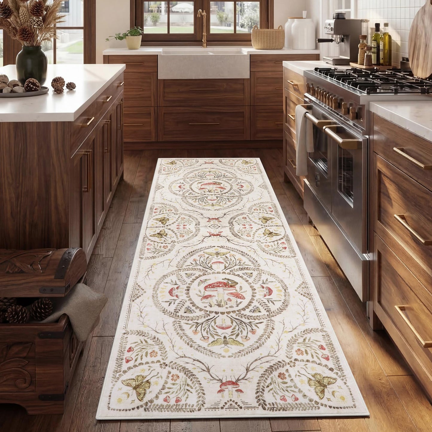 Garvee Mushroom 2.5x8 Runner Rug for Hallway, Dark Academia Gothic Rugs, Non Slip Washable Low Pile Kitchen Carpet with Rubber, Bug Entryway Rugs Stain Resistant for Bedroom Laundry Room, Beige
