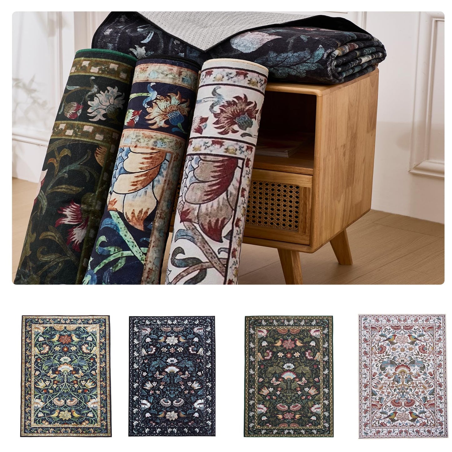 Helthep 5 * 7 Vintage Floral Bird Washable Green Area Rug for Living Room