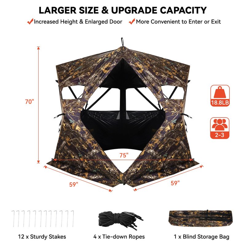 GearOZ Hunting Blind, 270° See Through Ground Blinds Camouflage Waterproof Pop-up Tent for Deer Turkey Duck Bow Hunting, 2-3 Person Portable Concealed Tent Silent Adjustable Windows with Carrying Bag
