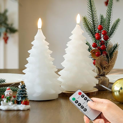 White Flameless Christmas Tree Candles with Remote Timer, Real Wax LED Battery Operated Candles for Winter Home Decor, Xmas Holiday Gift, Fireplace & Table Decoration, 2 Pack