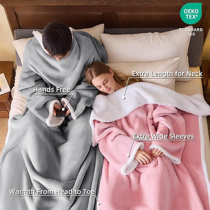 IFNOW Sherpa Wearable Blanket with Sleeves for Women Men Adults, Cozy Wearable Blanket with Arm and Pocket, Warm Full Body TV Wrap Throw Blanket, Soft Robe Blanket as Gifts for Mom Wife, Pink