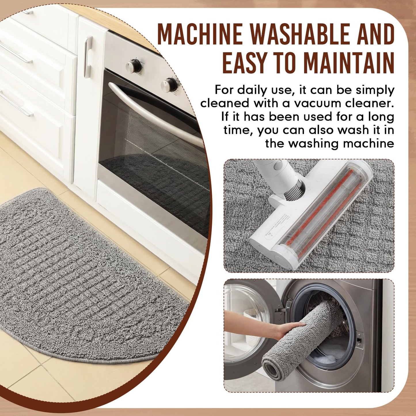 Drydiet 2 Pcs Kitchen Rugs 15 x 22 Inches 18 x 30 Inches Kitchen Mats Non Skid Washable Doormat Indoor Entrance Absorbent Standing Half Circle Carpet for Home Floor Patio Garage Door(Grey)