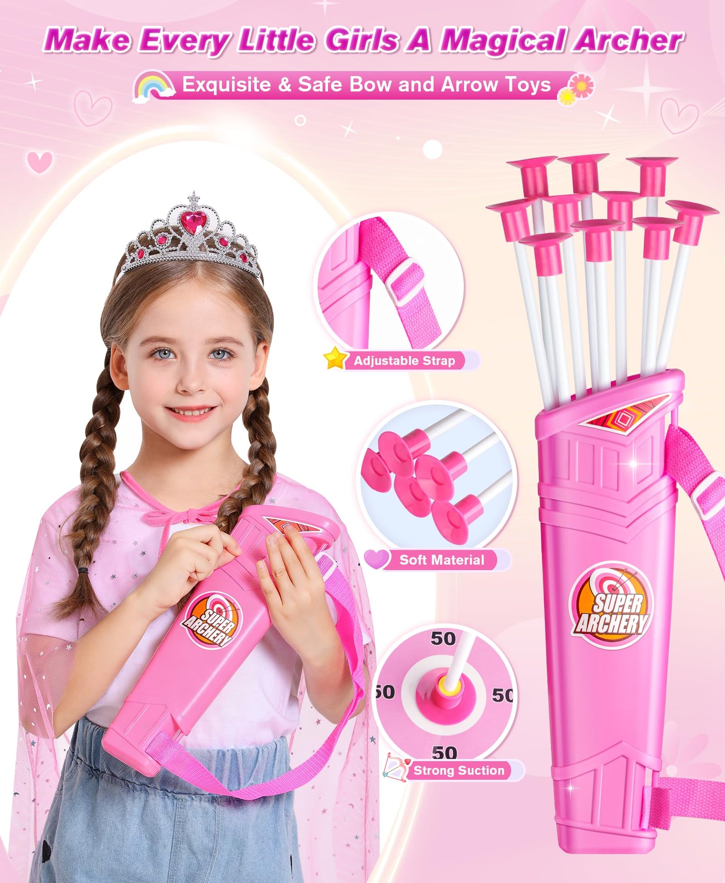 DUDUCOFU Kids Bow and Arrow Set Toys for Girls, LED Light Up Archery Bow Set with Princess Cape and Crown, 10 Suction Cup Arrows, Indoor and Outdoor Play Birthday Gift Toy for Kids Boys Girls