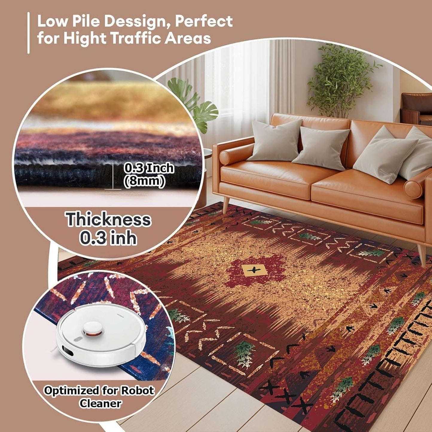 Southwestern Tribal Rug 3x5 – Rustic Western Aztec Area Carpet for Living Room, Bedroom or Cabin – Washable, Non-Slip, Fade-Resistant, Pet-Friendly, Earth Tone Floor Mat for Home Decor