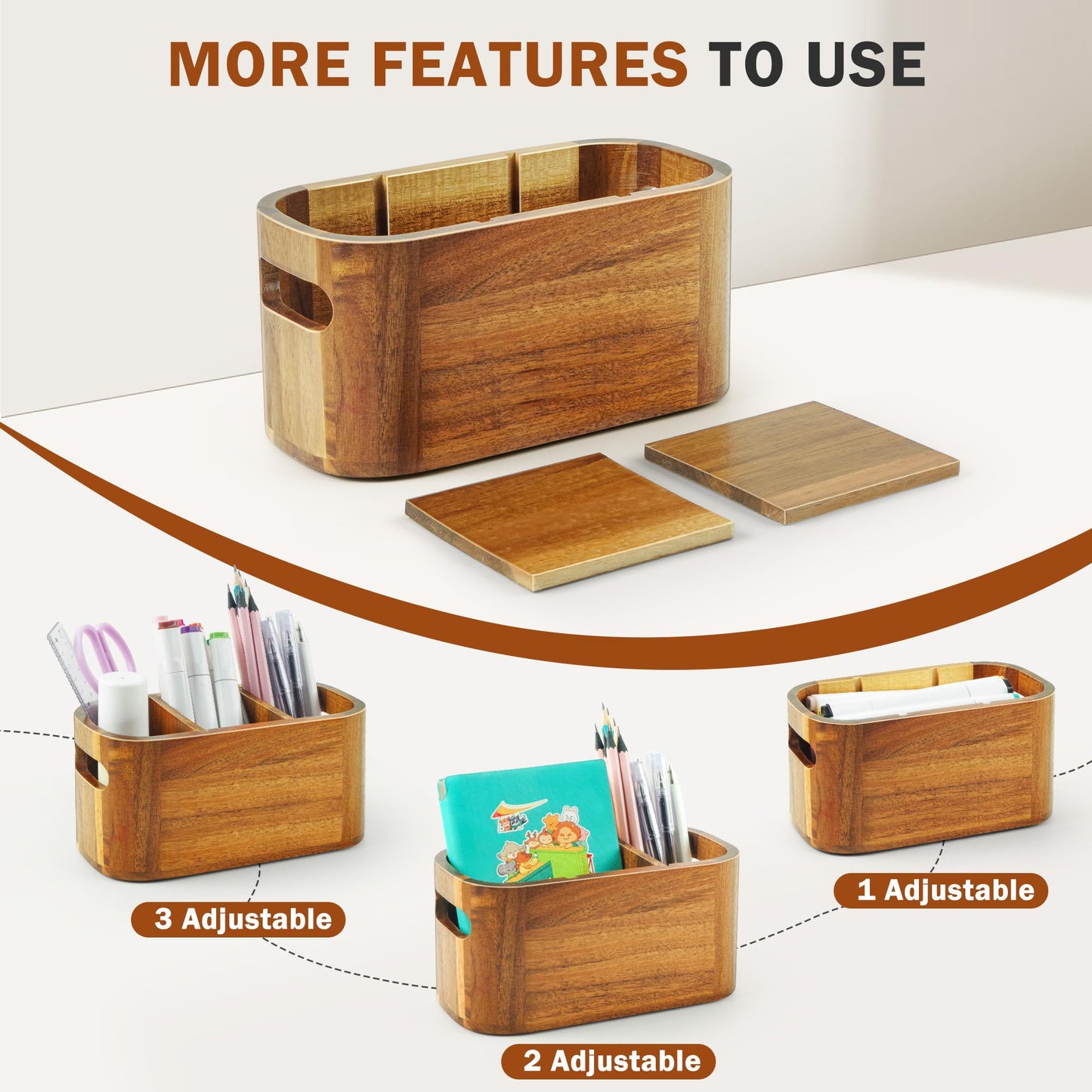 SWKHDKX Acacia Wood Pencil Pen Holder for Desk, Wooden Office Organizer with 3 Slots for Countertop, Makeup Brush Holder Remote Control Organizer for School Home Supplies