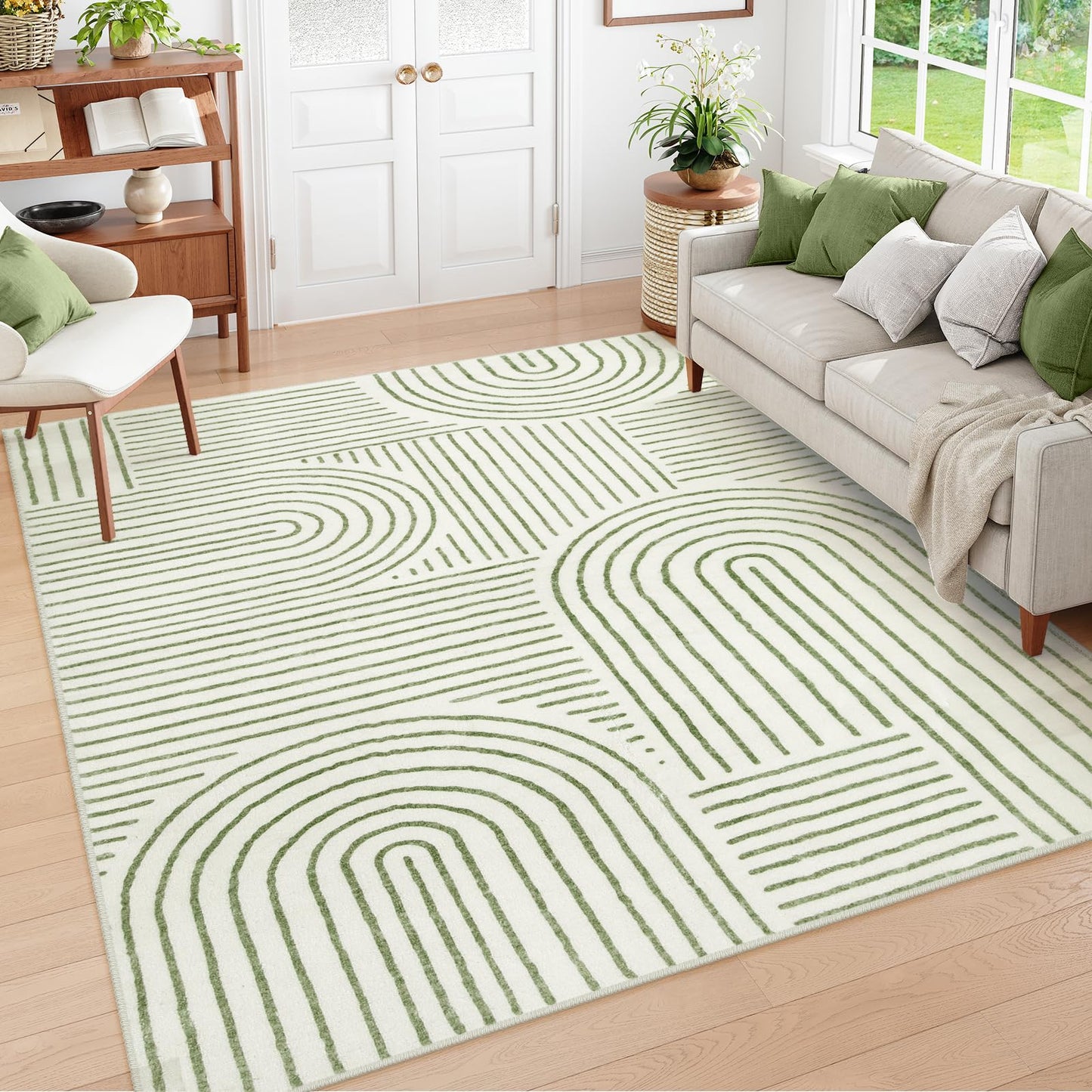 Lahome Abstract Washable Area Rug 5x7, Soft Bedroom Rug Ultra-Thin Non Slip Green Rugs for Living Room, Modern Accent Rug Large Carpet for Dining Room Office Darrell (5'x7',Green)