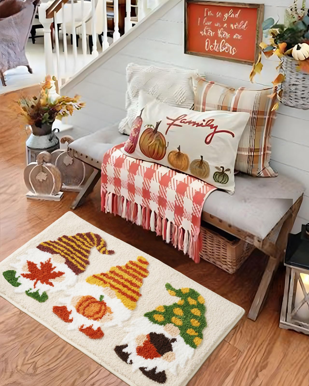 ELDONE Fall Bathroom Decor Gnomes Rug with Pumpkin Maple Leaf, Cute Autumn Non-Slip Rug for Thanksgiving Home Decor, Funny Bath Mat for Bedroom Kitchen, 30" x 20"