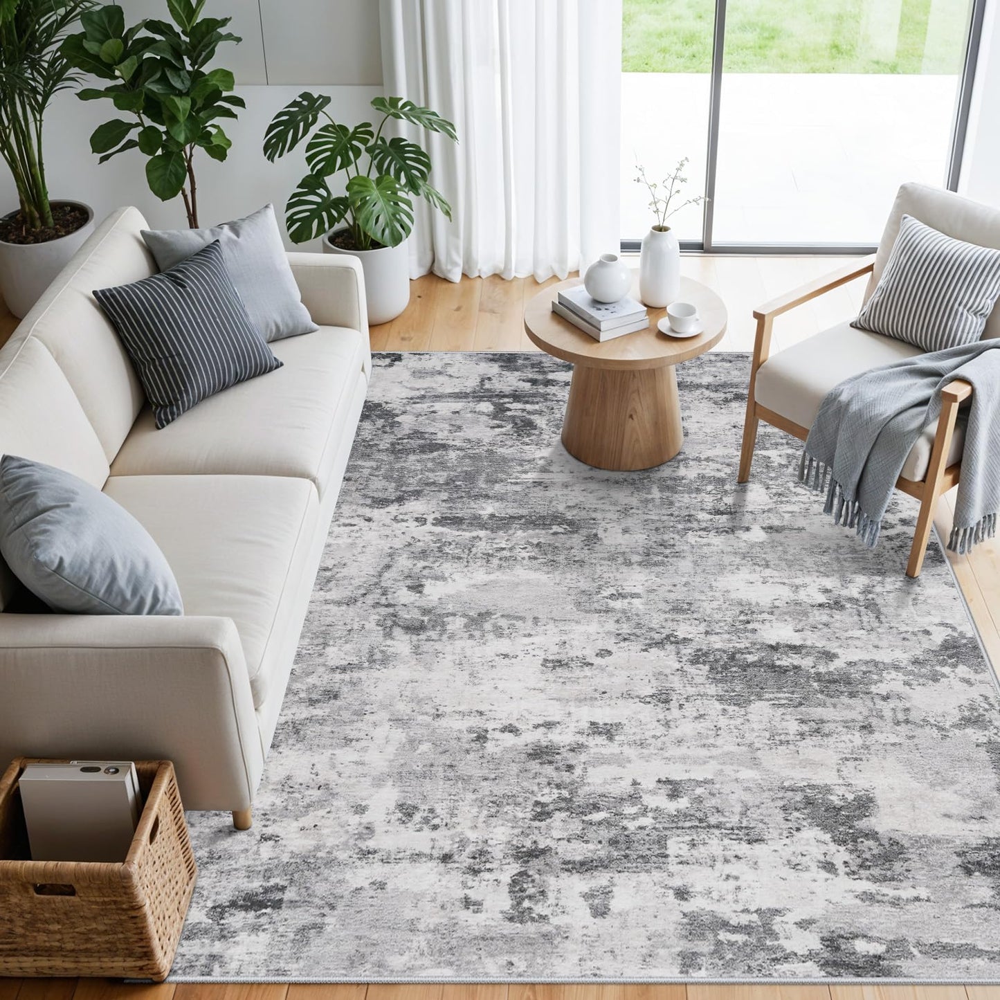 Abstract Washable Area Rug 5x6: Modern Neutral Rugs Non Slip Backing for Living Room Bedroom - Soft Low Pile Easy Clean Thin Indoor Carpet - Home Essential for Elderly Kids Pets Family 5x6 Black Grey