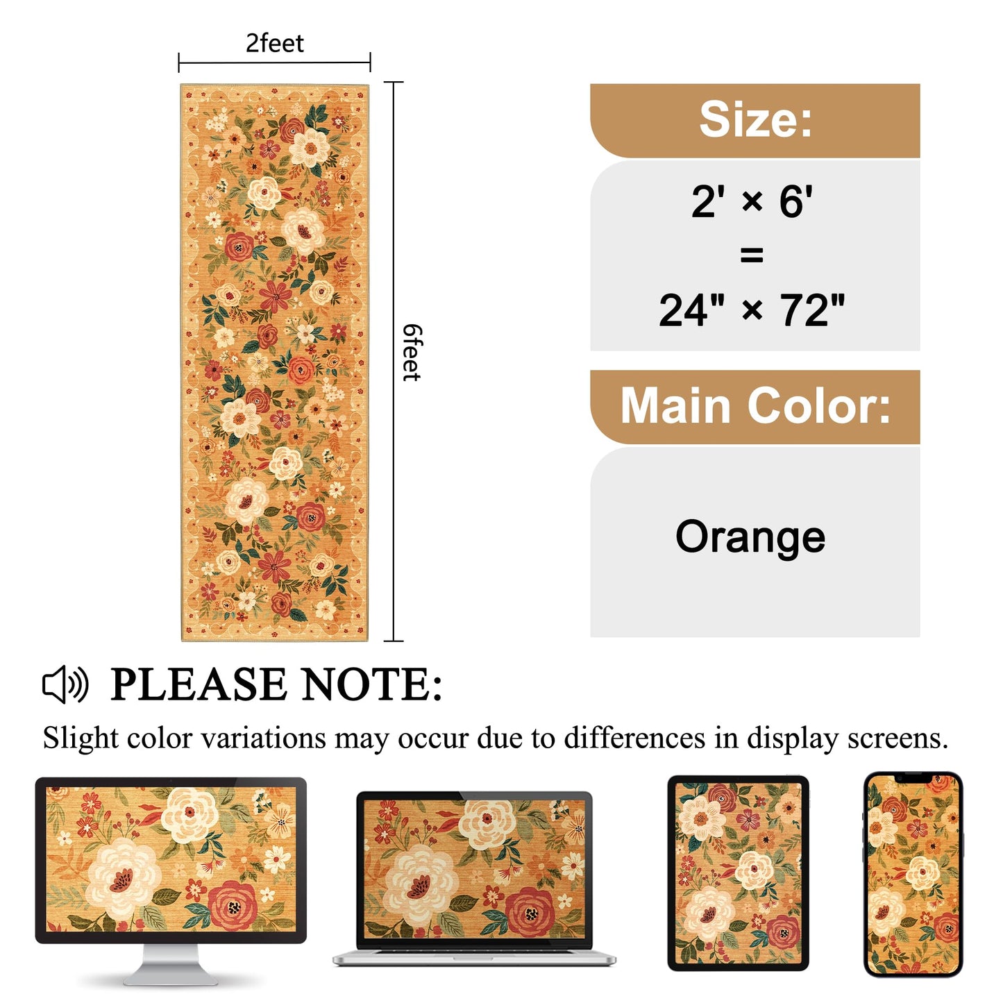 DUKINO 2x6 Runner Rug for Hallway, Washable Kitchen Runner Rug with Non Slip Backing, Low Pile Soft Boho Floral Runner for Kitchen, Hallway, Entryway, Laundry, Bedroom, Orange