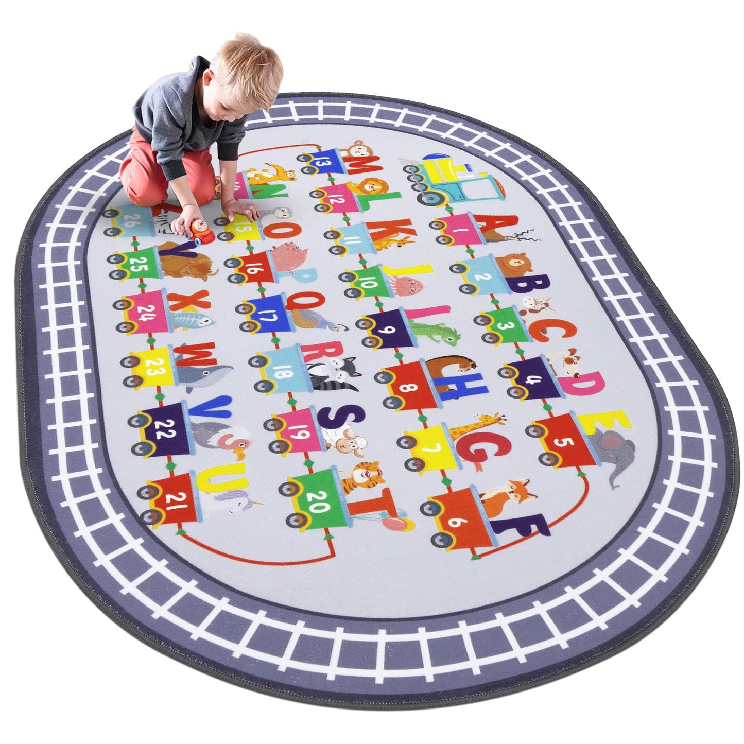 HiiARug Small Playroom Rug, Kids Playmat ABC Alphabet, Numbers, Train and Road Themed Play Mat Educational Floor Carpet for Classroom Kids Bedroom Decor,Grey, 3'3" x 5'