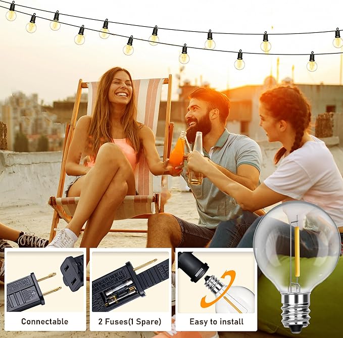25Ft LED G40 Globe Outdoor String Lights Waterproof Patio Lights with 13 Shatterproof Warm White Bulbs, Hanging Light for Backyard Balcony Wedding Christmas Party Decorations, Black Wire