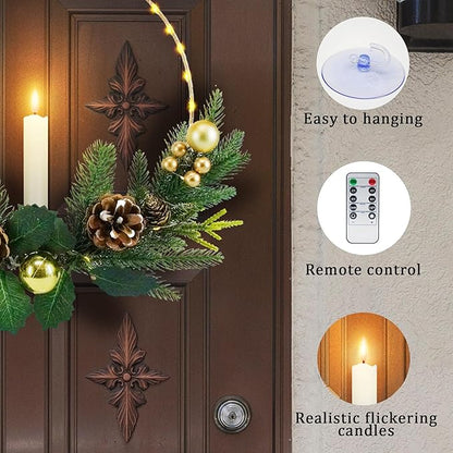 2Pack Christmas Wreaths for Front Door with Lights & Flickering LED Taper Candles & Remote, 16'' Windows Wreaths, Fireplace Christmas Decorations - Gold