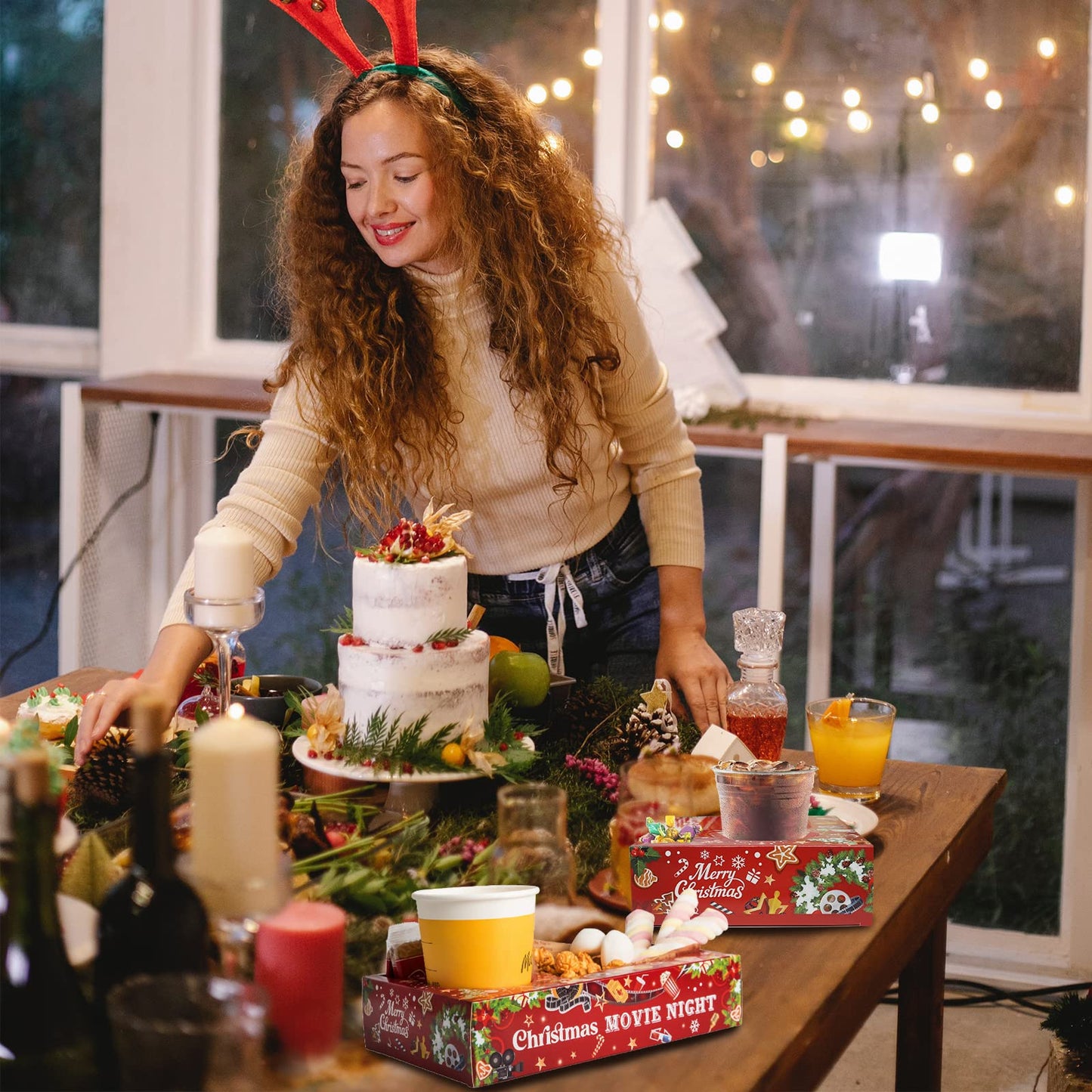 48 Pcs Christmas Party Supplies Movie Night Paper Snack Trays Xmas Party Decorations Christmas Birthday Favors Snowman Family Movie Popcorn&Drink&Candy Box