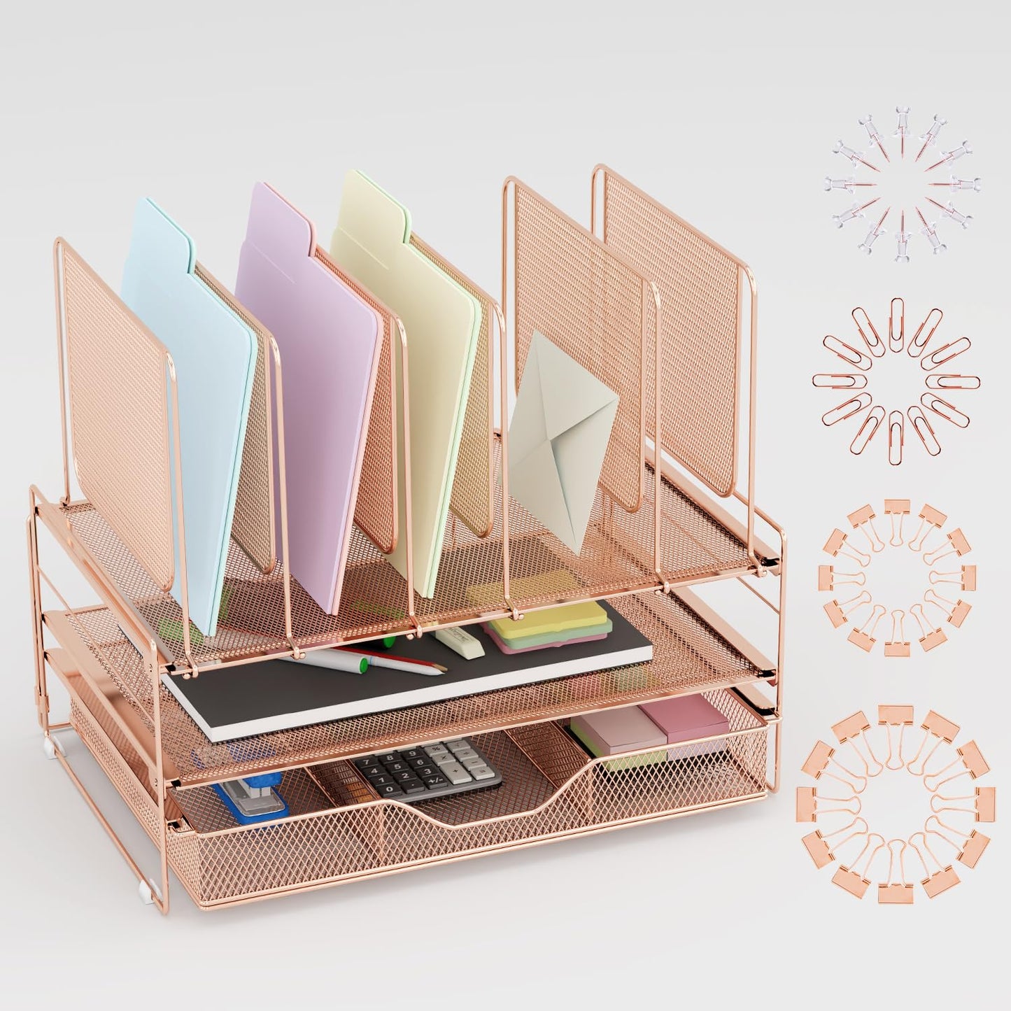 LEKETREE Rose Gold Desk Organizer, Office Organization with Vertical File Holder, File Organizer with Drawer and Office Supplies, Desk Accessories and Workspace Organizers (Rose Gold)
