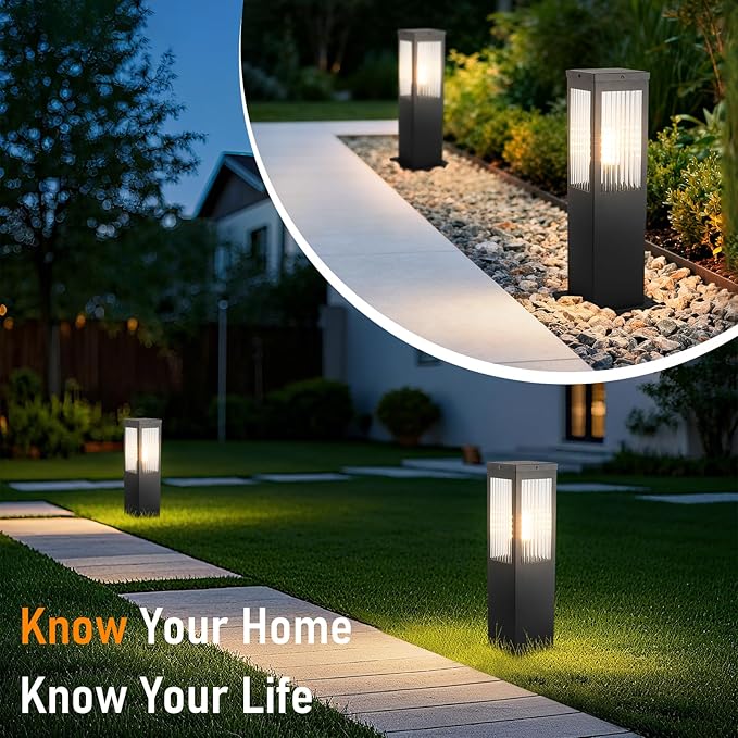 Outdoor Landscape Path Light Stainless Steel Waterproof Bollard Lighting Hardwired E26 Glass Post Pillar Lights Black Modern Lawn Lighting Outside House Pathway Lamp For Garden Patio Yard Street Light