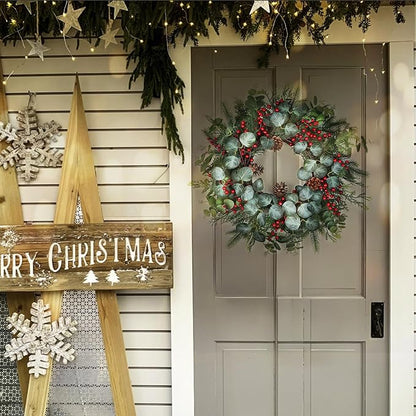 Spring Wreaths for Front Door,Boxwood Wreaths for Indoor and Outdoor Wedding Decorations,Spring Wreath with Pine Cones and Leaves,Berries,Eucalyptus Leaves for Home Decor