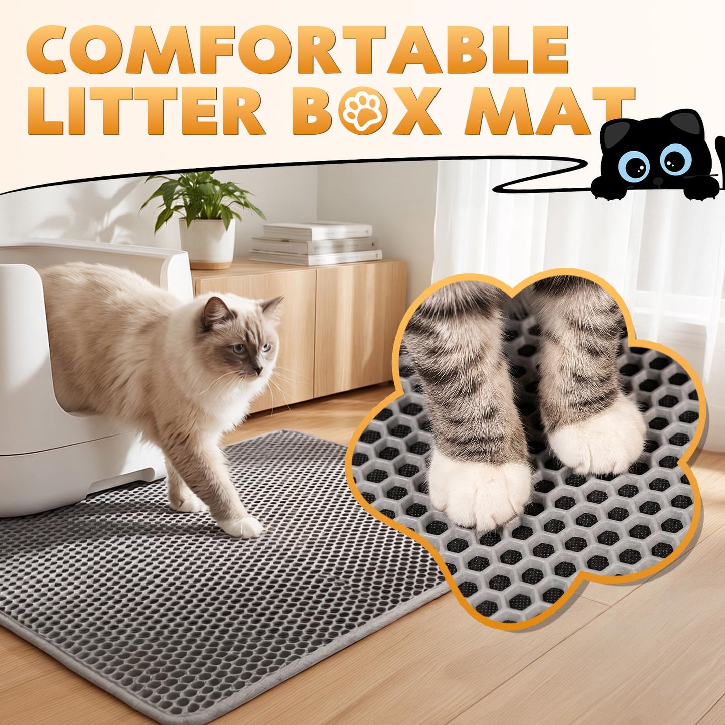 Kozvva Cat Litter Mat, Honeycomb Double Layer Waterproof & Urine Resistant Non-Slip Litter Trapping, Easy Clean Washable Scatter Control for Litter Box (Gray, 24x15 Inch)