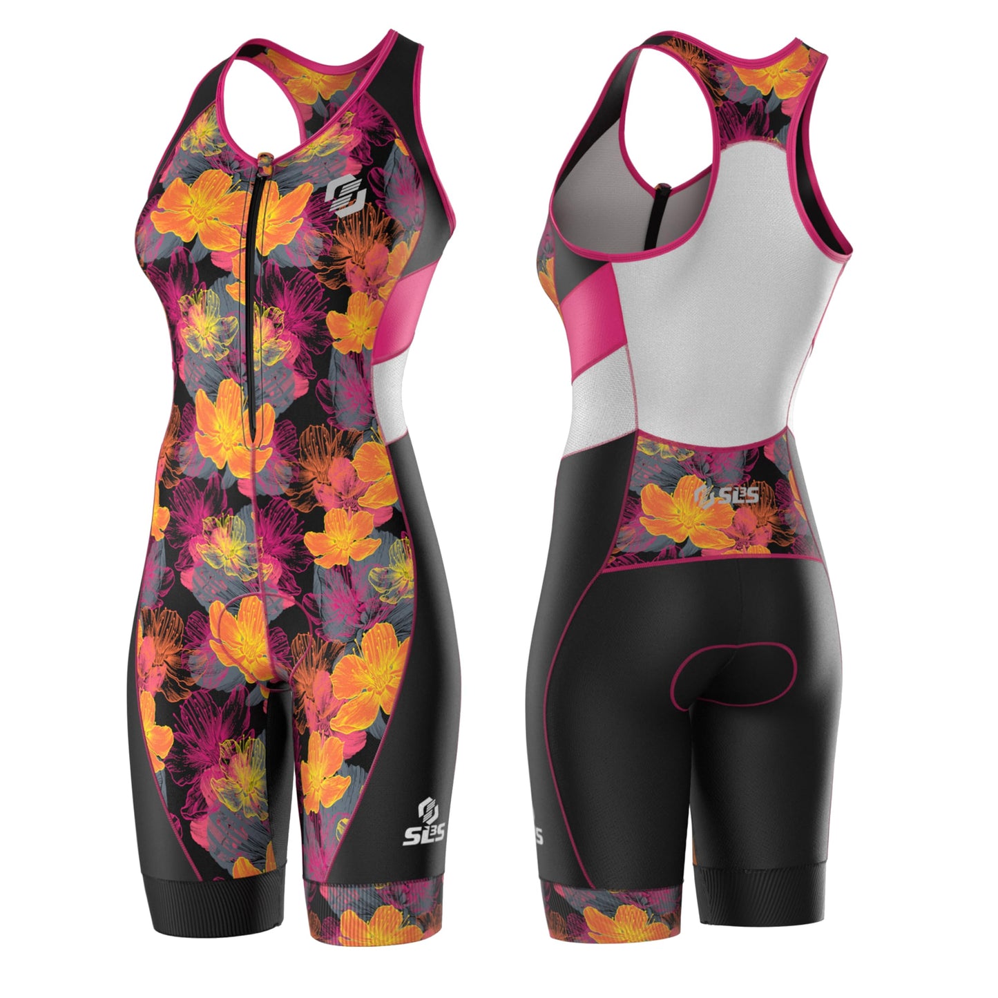SLS3 Triathlon Suits Women – Sleeveless Trisuit Women - Premium FX Fabric, Tri Suit Womens Triathlon Suit, No Shelf Bra (Pink Sunrise Blooms, X-Small)