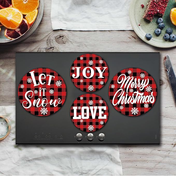 Xmas Decor Electric Stove Burner Covers，4 Pcs Halloween Decor Round Stove Burner Covers，8 Inches and 10 Inches，Gas Stove Burner Cover,Metal Cooktop Red Black Grid Decorative，Home Decor,Kitchen Decor
