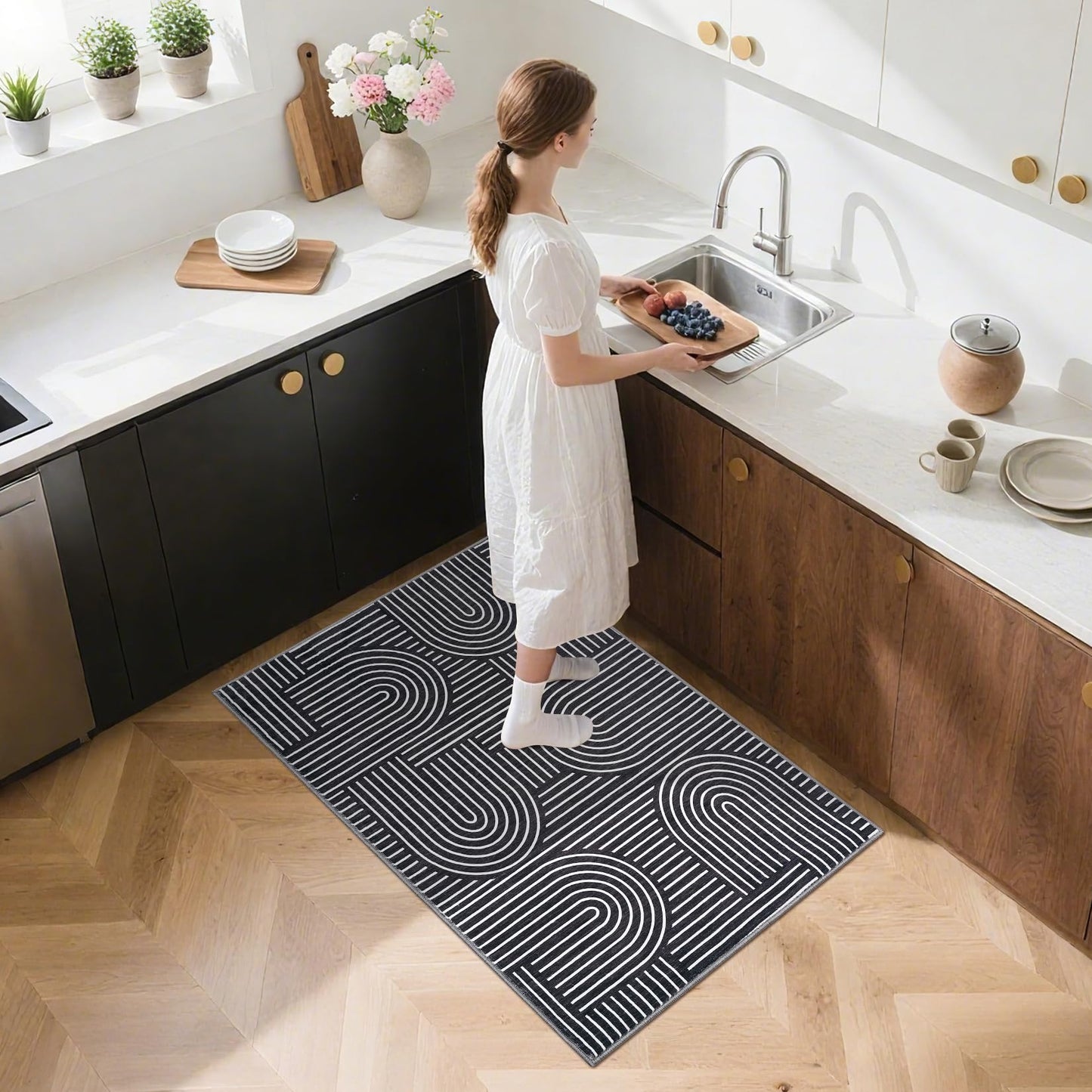 Washable Rug 2x3 Area Rugs for Entryway, Abstract Rug for Bedroom, Soft Rainbow Non Slip Small Area Rug with Rubber Back, Low Pile Stain Resistant Boho Geometric Carpet for Dining Room, Black