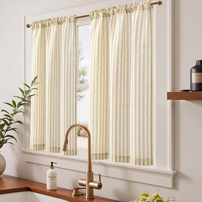 jinchan Striped Linen Kitchen Curtains 45 Inches Length Tier Curtains Farmhouse Modern Cafe Style Small Window Treatments Airy Light Filtering Rod Pocket for Living Room Bathroom 2 Panels Beige