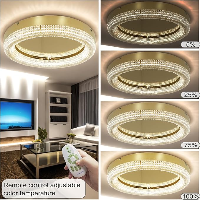 23.6" Gold LED 3 Color Remote Dimmable Modern Crystal Chandelier Round LED Crystal Ceiling Light Fixture Flush Mount Chandelier Ceiling Light with Crystals for Hallway Bedroom Kitchen Foyer (Gold)