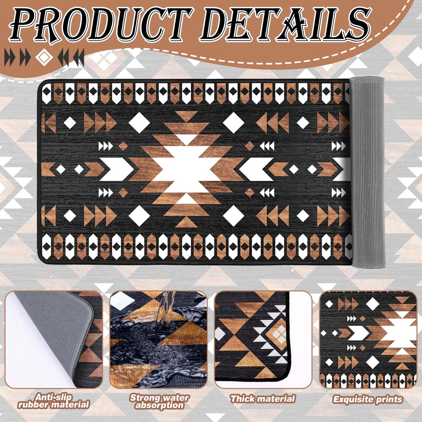 Drydiet 3 Pcs Aztec Western Kitchen Rugs and Mats Set Boho Farmhouse Non Slip Rug Geometric Waterproof Floor Mat Aztec Western Decor for Kitchen Home Entryway Bar Office Bathroom Door Party Decor