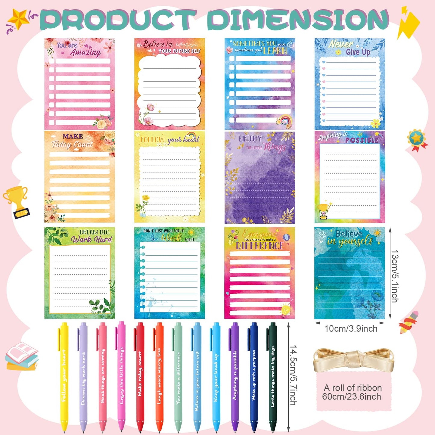 Yeaqee 12 Set Employee Appreciation Gifts 12 Empowering Sticky Notepads 12 Pens 12 Ribbons Motivational Sticky Notes Inspirational Pens for Office Supplies(Watercolor)