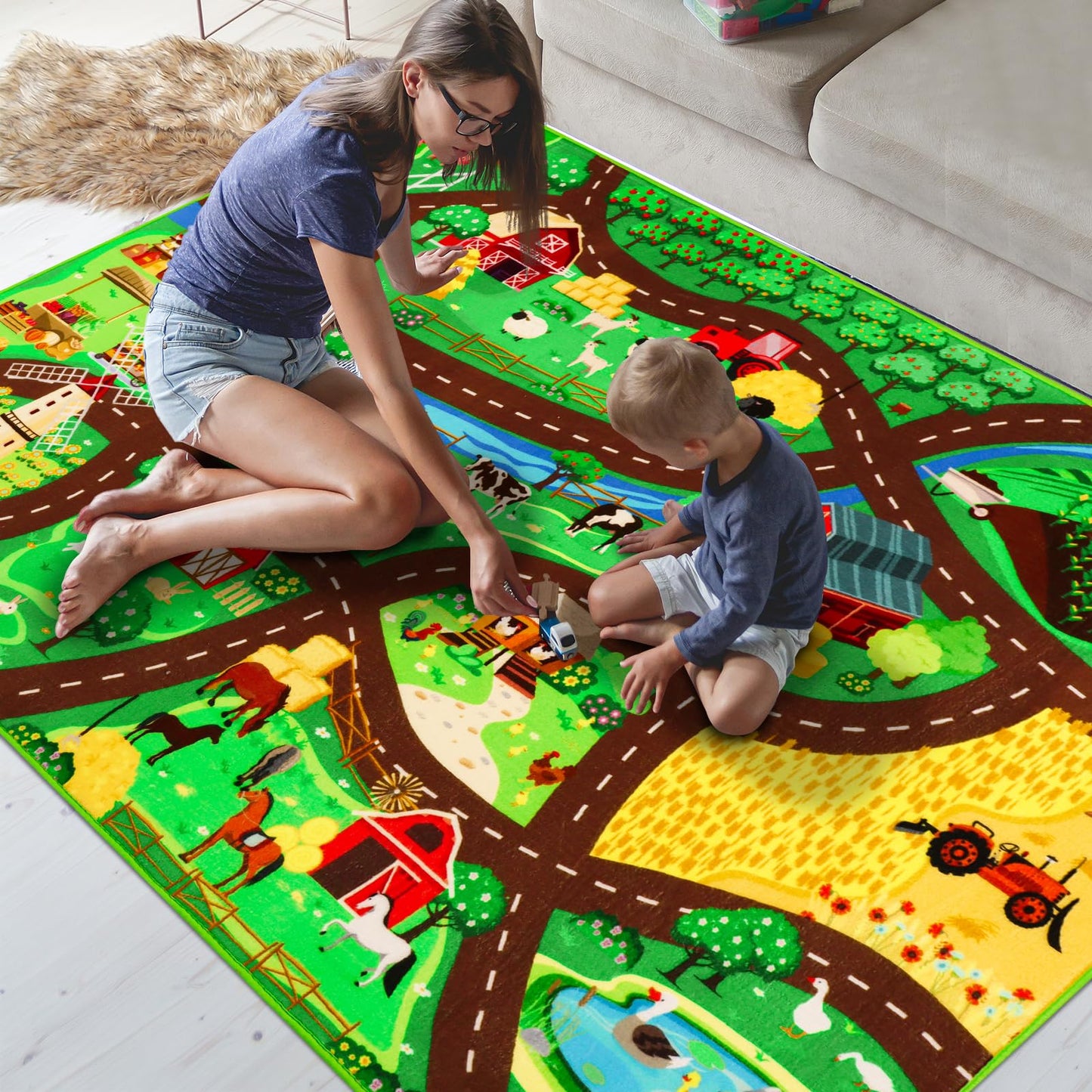 Kids Car Carpet,3'3" x 4'11" Car Rugs for Kids Toy Cars,Non-Slip Farmhouse Road Rug for Kid,Kid Room Race Track Rug,Pasture Track Mat Car Play Rugs for Playroom Bedroom Boys(for Age 2+)