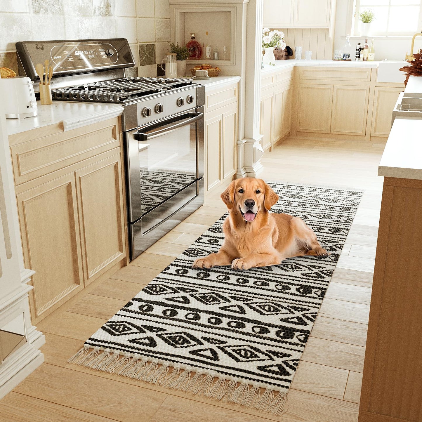 H.VERSAILTEX Handwoven 2x5 ft Boho Runner Rug with Tassels - Low Pile Easy Clean Washable Entryway Rug, Non-Slip Kitchen Runner for Hallway, Laundry Room, Corridor - Floor Mat(1 Pack,Black/White)