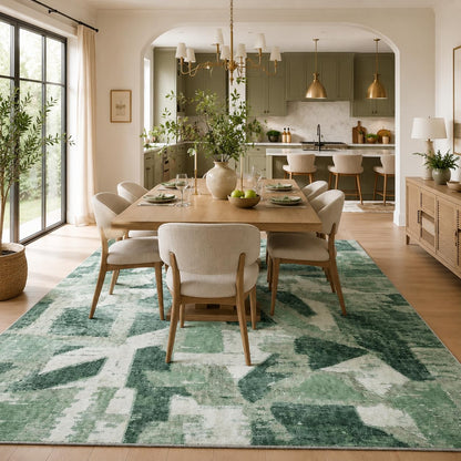 8X10 Area Rugs for Living Room Bedroom,Modern Abstract Large Carpet Green Rug 8x10 for Dining Room Office,Non Slip Washable Print Faux Wool Thin 8 by 10 Indoor Nursery Kids Home Pet & Child Friendly