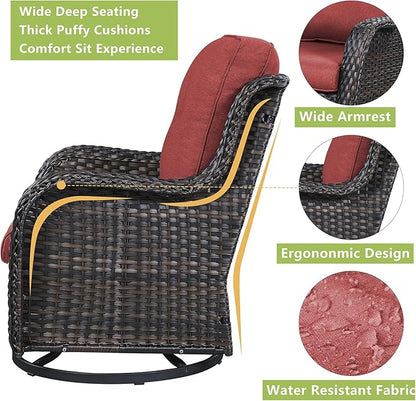 Rilyson Wicker Patio Furniture Set - 7 Piece Rattan Outdoor Sectional Conversation Sets with 2 Rocking Swivel Chairs,2 Ottomans,1 Sofa,1 Loveseat and 1 Coffee Table for Porch Deck Garden(Brown/Red)