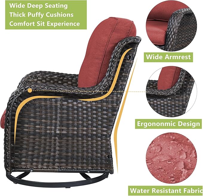 Rilyson Wicker Patio Furniture Set - 5 Piece Rattan Outdoor Sectional Conversation Sets with 2 Rocking Swivel Chairs,2 Ottomans and 1 Sofa for Porch Deck Garden(Brown/Red)