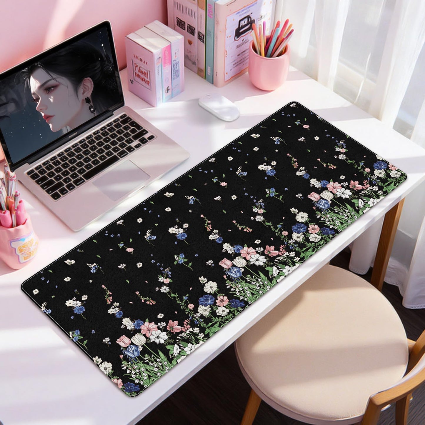 DINKY Leather Desk Protector Mouse Pad, Large Keyboard Mat, Non-Slip PVC Leather Blotter, Black Laptop Pad, Waterproof Writing Pad for Office Home 35.4" x 15.7", Flower Rain