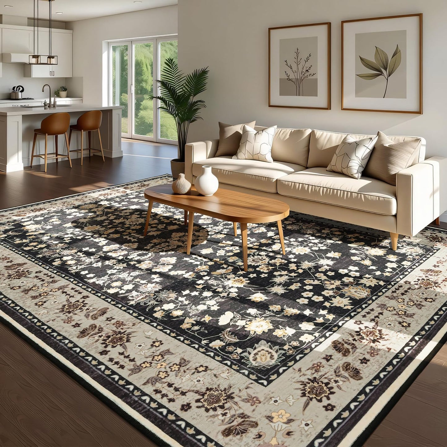 Softlife Washable Rug for Living Room, Black Camel Non-Slip Rugs for Kitchen, 6x9 Oriental Indoor Mat Under Dinning Table, Mordern Print Home Carpets with Rubber Backing for Kids