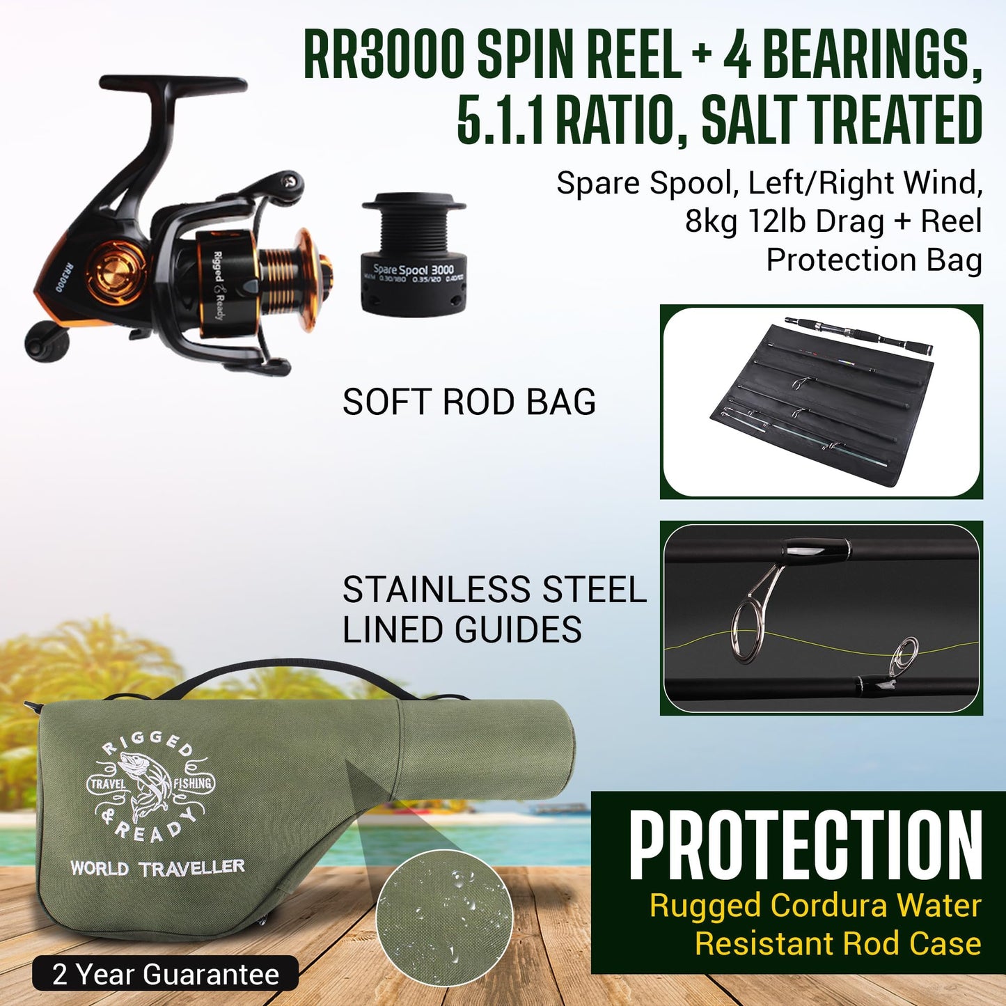Rigged and Ready World Traveller Rod Reel Case Combination + 2 Tips 215+190cm (7'+6'3") Angling Travel Pole. Bait Carp Pike Spinning Rod for Freshwater Saltwater Sea Fishing