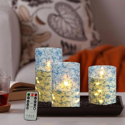 Flameless Candles with String Lights - Set of 3 Printed Remote Battery Operated Candle Flickering Floral LED Pillar Candles with Timer for Home Decor Romantic Ambiance,BL