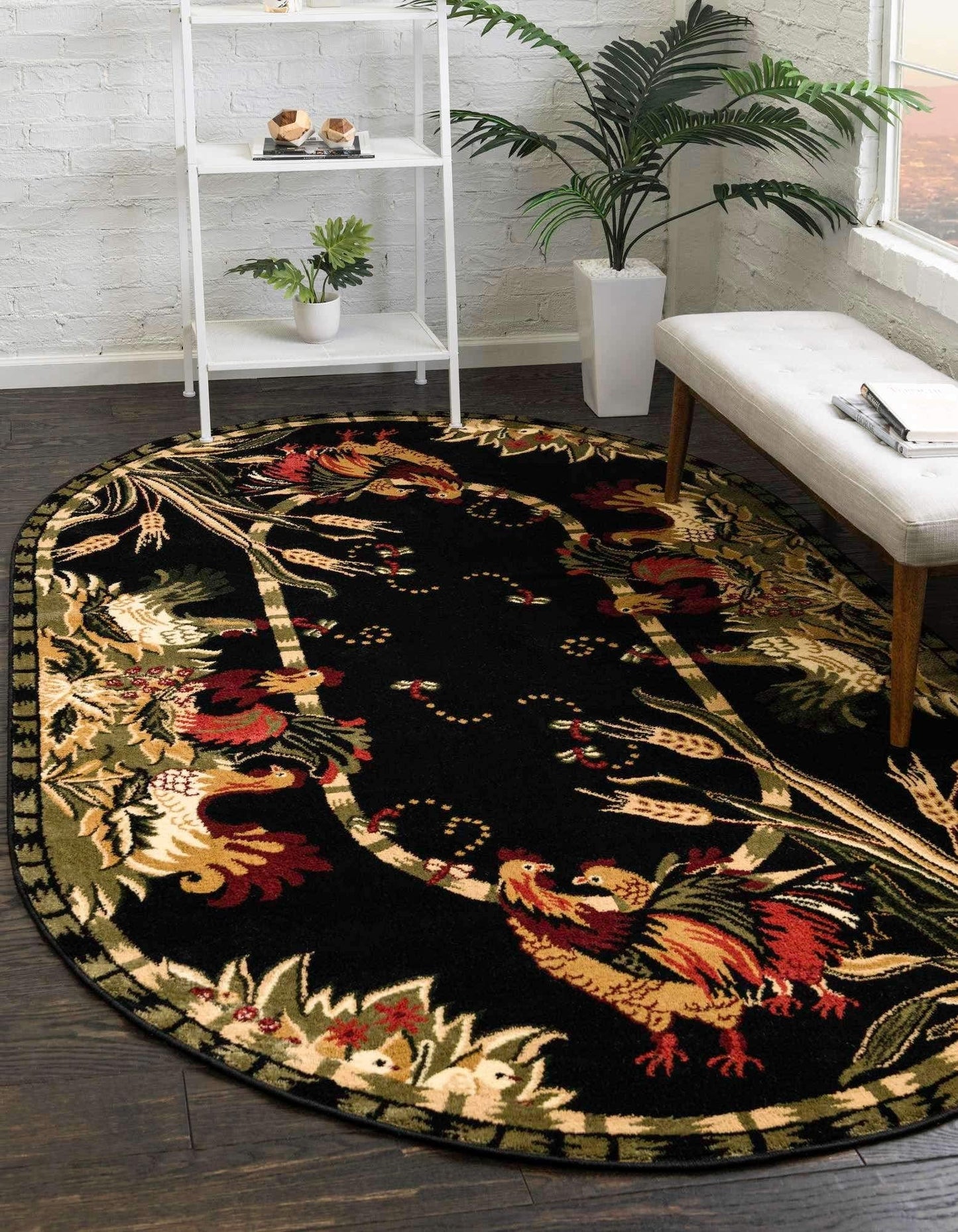 Unique Loom Barnyard Collection Area Rug - Farm (3' 3" x 5' 3" Oval, Black/ Cream)