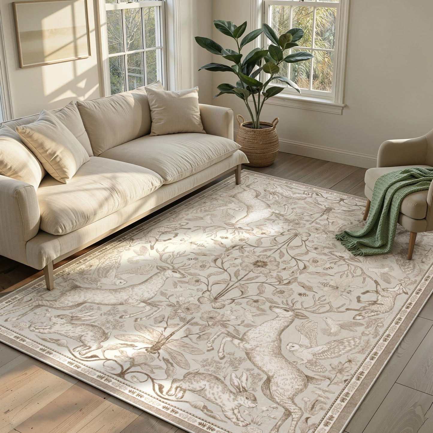 Lahome 5x7 Washable Area Rugs, Dorval Boho Deer Rugs for Living Room, Neutral Botanical Non Slip Low Pile Soft Carpet for Bedroom Dining Room Nursery Office Home Decor Beige