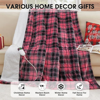 OCTROT Heated Blanket Electric, Twin Size 62X84, Heating Blanket with 10 Heating Levels & 8 Hours Auto Off, Pink Plaid Checkered Plaid Sherpa Blankets Warmer for Adults, Fast Heating Washable