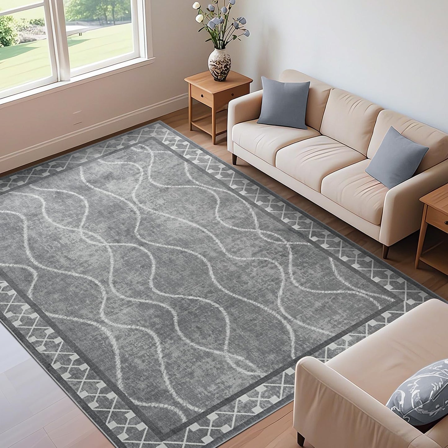 Woottpe 4x6 Area Rugs for Living Room Bedroom, Machine Washable Low Pile Rugs, Non Slip Modern Bordered Print Indoor Carpet for Entryway Office Dining Room Dorm Home Decor,Light Grey