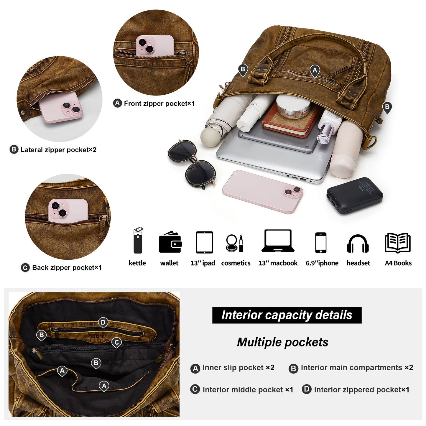 Worldlyda Purses for Women Soft PU Leather Crossbody Purses and Handbags Multi Pocket Shoulder Bag Trendy Pocketbooks Top handle Satchels women bag (BE2504Brown)