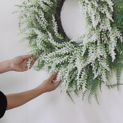 26'' Lavender and Boston Ferns Wreath for Front Door - Large Artificial Greenery Outdoor Wreath for Porch,Window,Farmhouse,Home,Hanging Decor- Spring, Summer, All Seasons (White-Green)