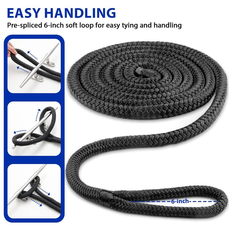 HOKINETY Boat Dock Fender Lines - 1/2" x 10ft Marine Rope with Pre-Spliced 6" Loop Double Braided Nylon Ropes Bumper Tie Mooring Line for Boats Docking Pontoon Boating Accessories - 4 Pack Black